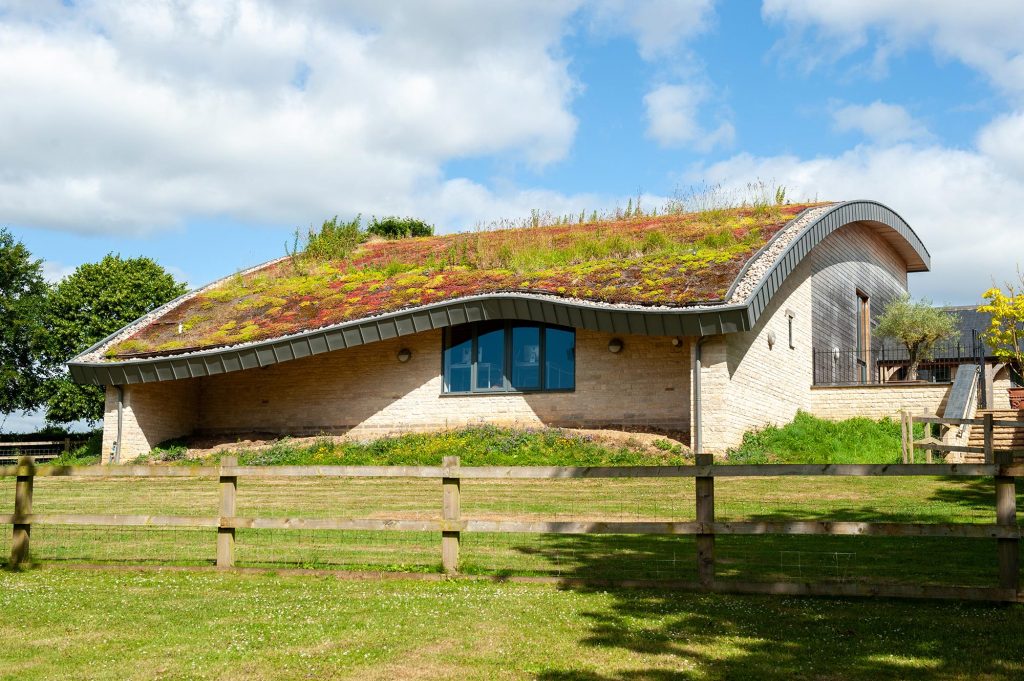 A school building with a green roof